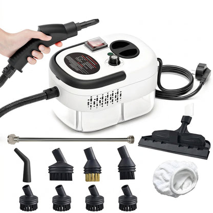 Portable handheld steam cleaner for household cleaning, featuring a compact design and a non-slip handle for convenient use.