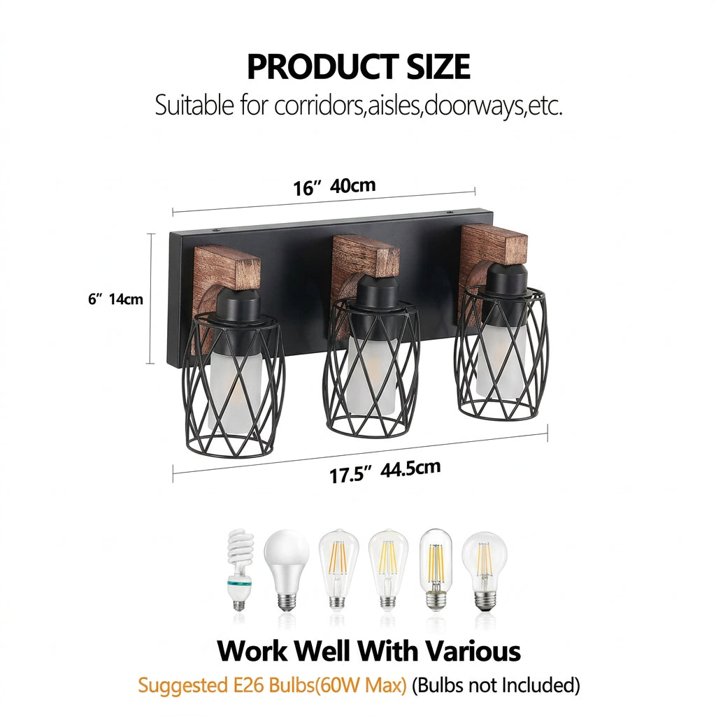 Black and walnut-tone three-light wall sconce designed to complement rustic, modern, and industrial bedroom decor.