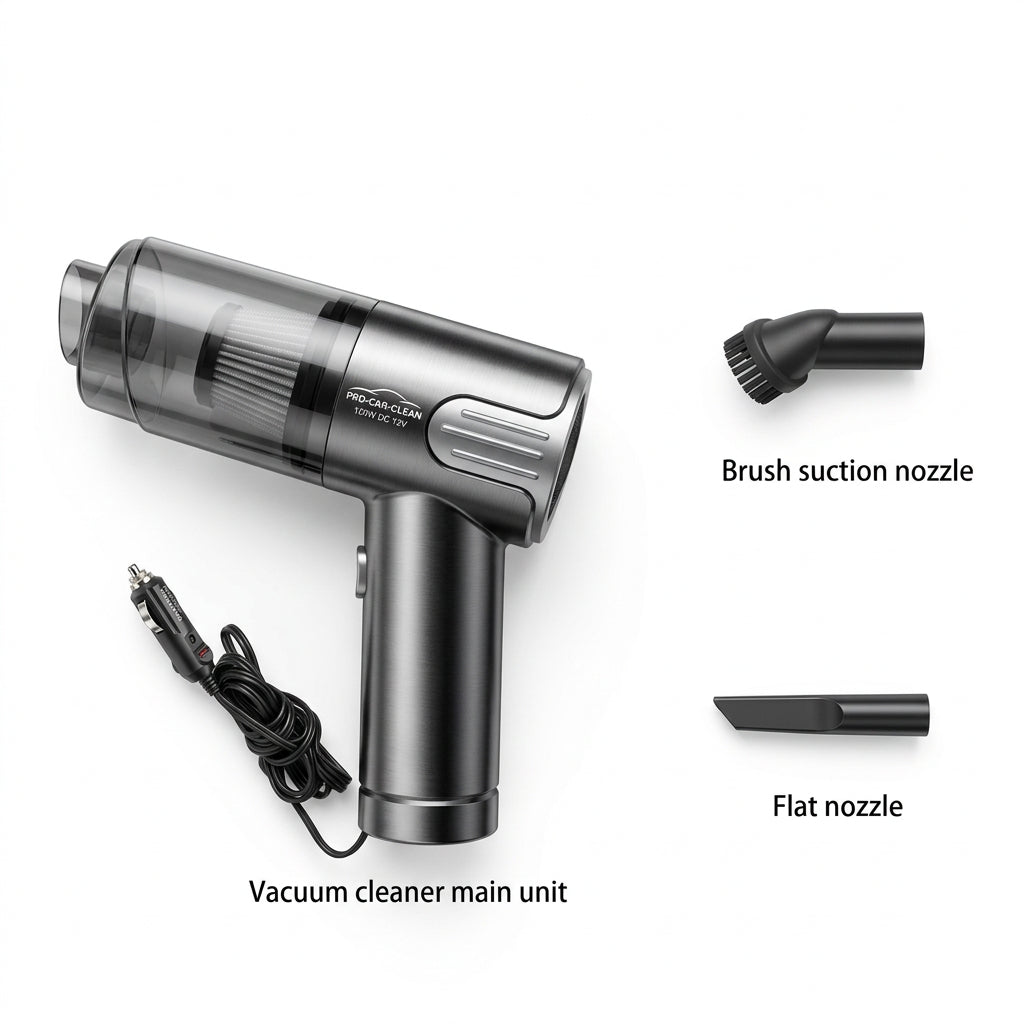 Portable car vacuum cleaner with a compatible crevice attachment for reaching narrow gaps and corners inside a vehicle.
