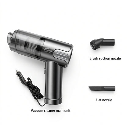 Portable car vacuum cleaner with a compatible crevice attachment for reaching narrow gaps and corners inside a vehicle.