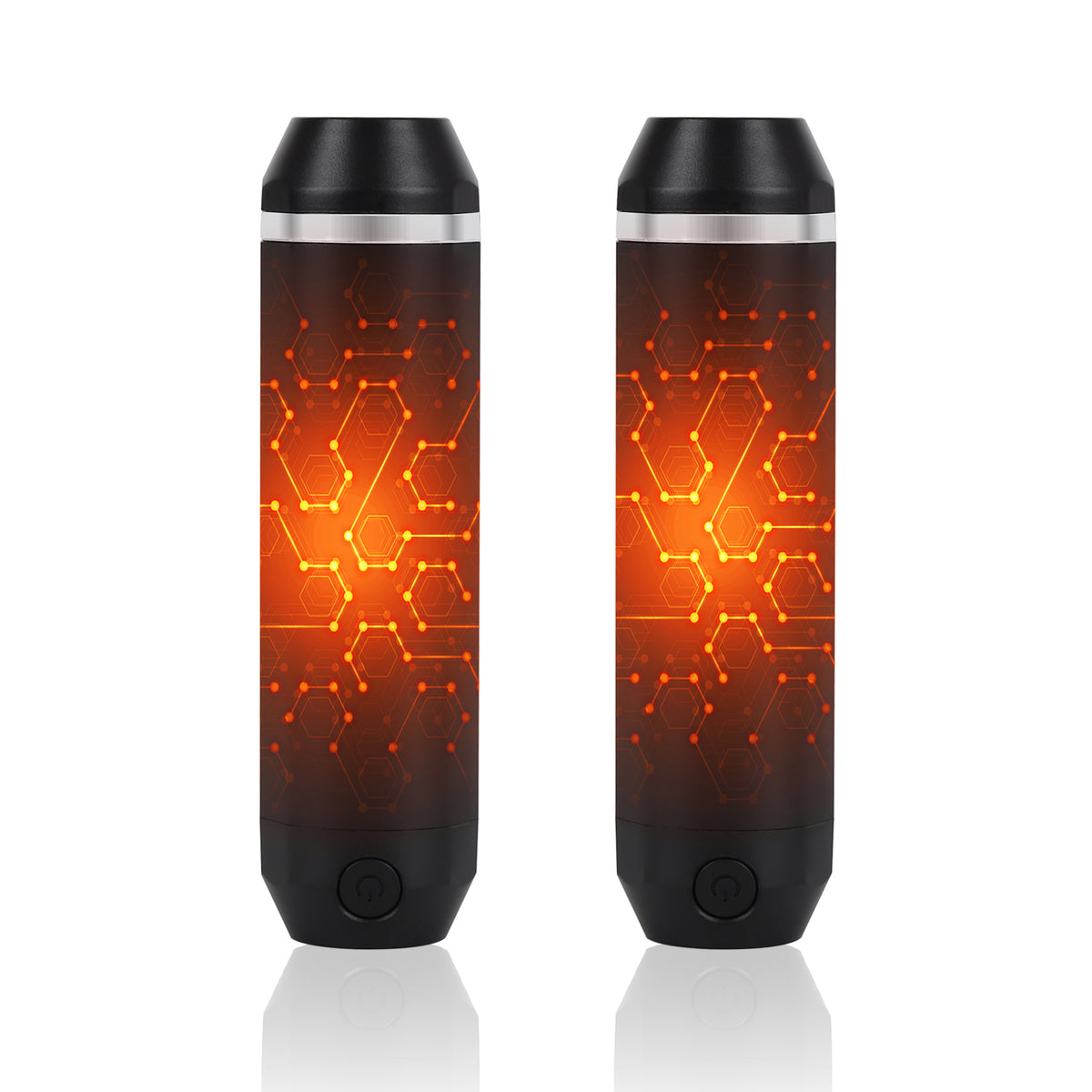 Portable pocket hand warmers with a split magnetic design and built-in flashlight for cold-weather comfort.
