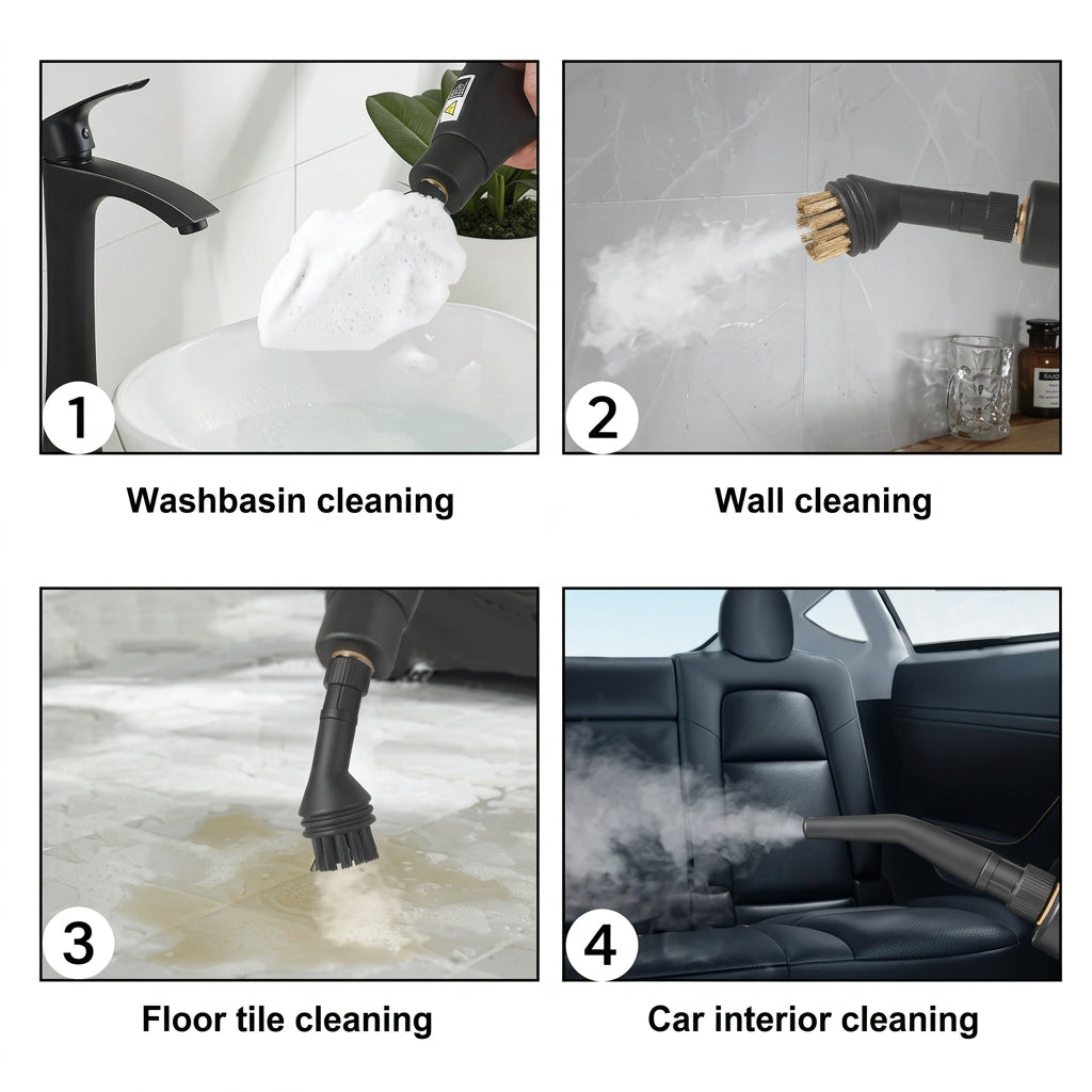 Handheld steam cleaning appliance designed to help loosen dirt and residue from suitable household surfaces.