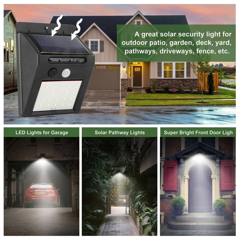 Solar motion-activated outdoor light with 20 LEDs for added illumination near a garage entrance or driveway.