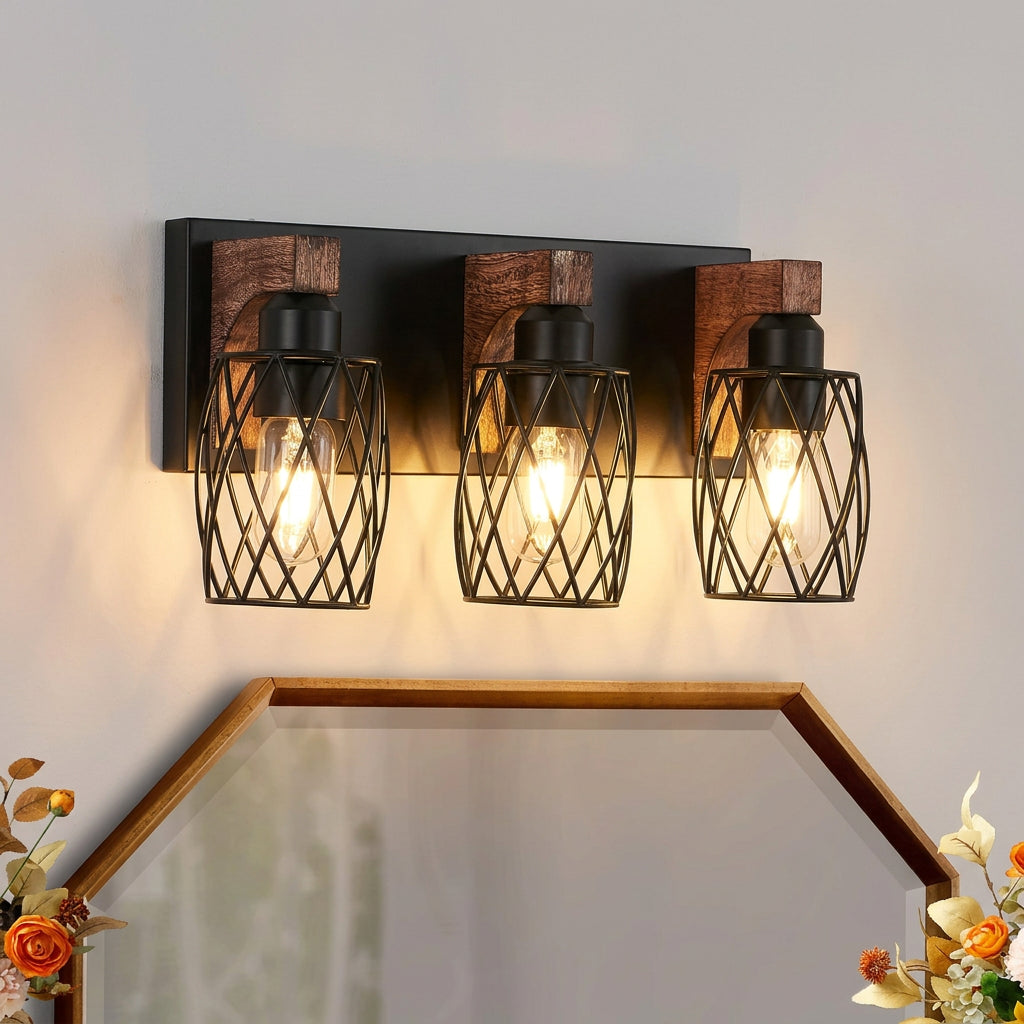 Three-light rustic wall sconce combining black metal framing and warm wood accents for farmhouse-inspired interiors.