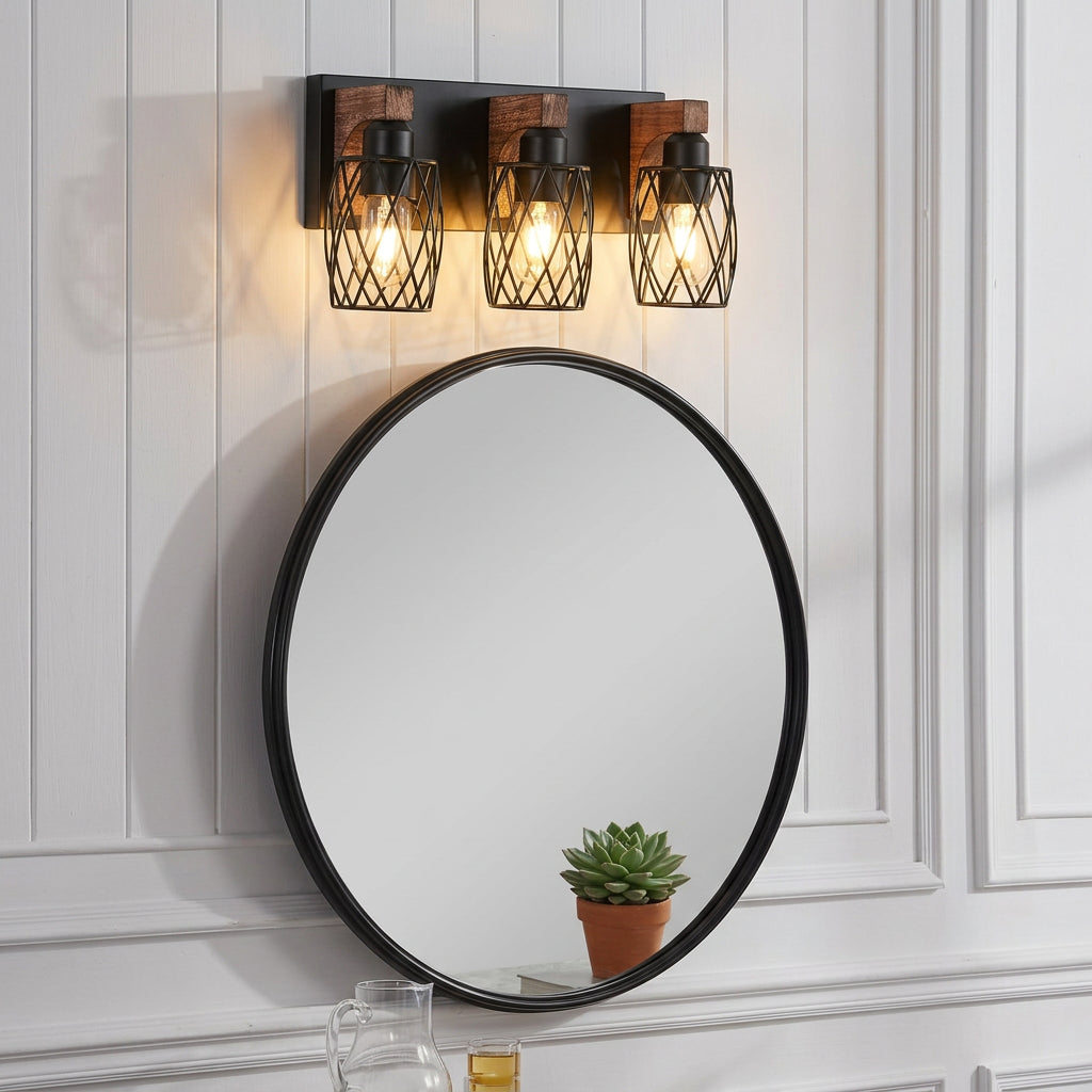 18-inch black and wood wall sconce combining vintage industrial character with warm rustic home styling.