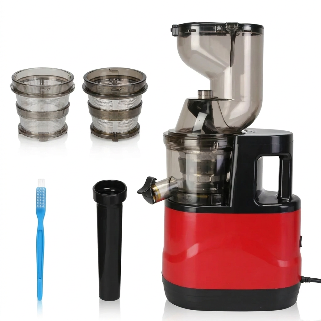 Slow masticating juicer designed to separate juice from pulp while preparing homemade drinks from suitable fruits and vegetables.