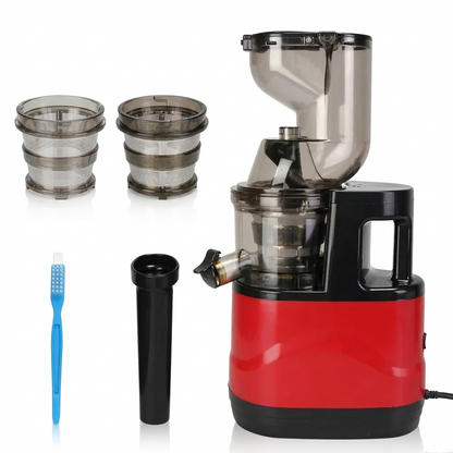 Slow masticating juicer designed to separate juice from pulp while preparing homemade drinks from suitable fruits and vegetables.