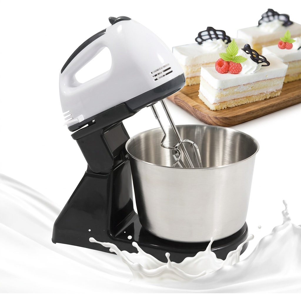 White 1.7L electric stand mixer with stainless steel mixing bowl, seven speed settings, two whisk attachments, and two dough hooks for everyday home baking.