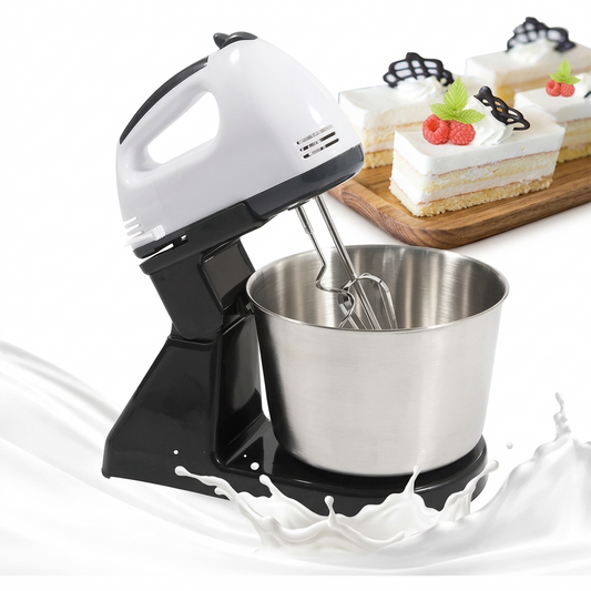 White 1.7L electric stand mixer with stainless steel mixing bowl, seven speed settings, two whisk attachments, and two dough hooks for everyday home baking.