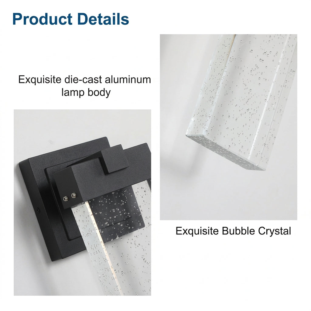 Zelorica black outdoor crystal-style wall lights in a two-piece set with modern frames and clear textured shades.