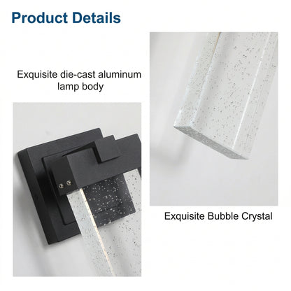 Zelorica black outdoor crystal-style wall lights in a two-piece set with modern frames and clear textured shades.