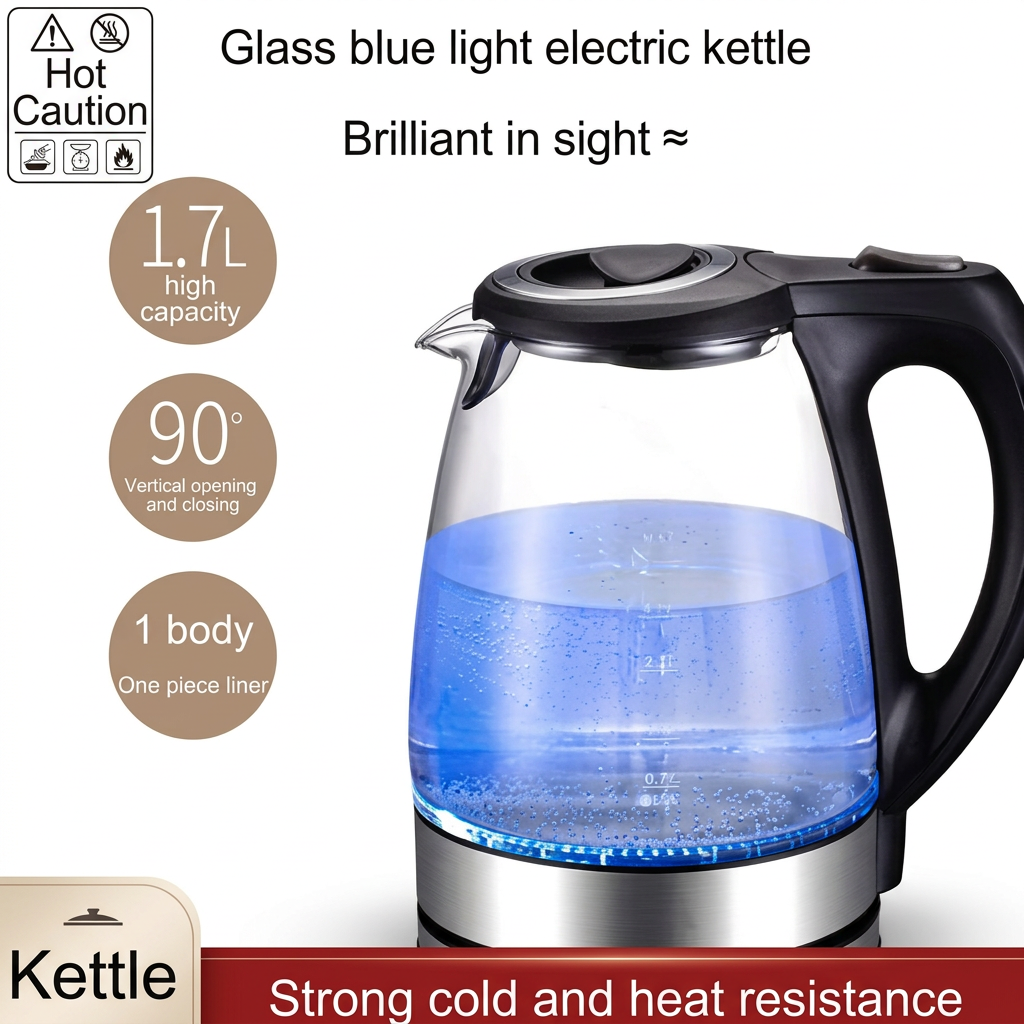 Older woman browsing kitchen appliances online and discovering a 1.7L glass kettle for convenient tea and coffee preparation at home.