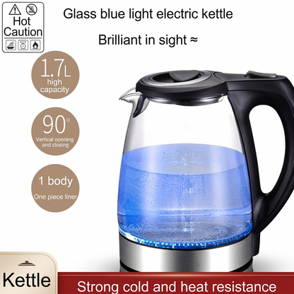 Older woman browsing kitchen appliances online and discovering a 1.7L glass kettle for convenient tea and coffee preparation at home.