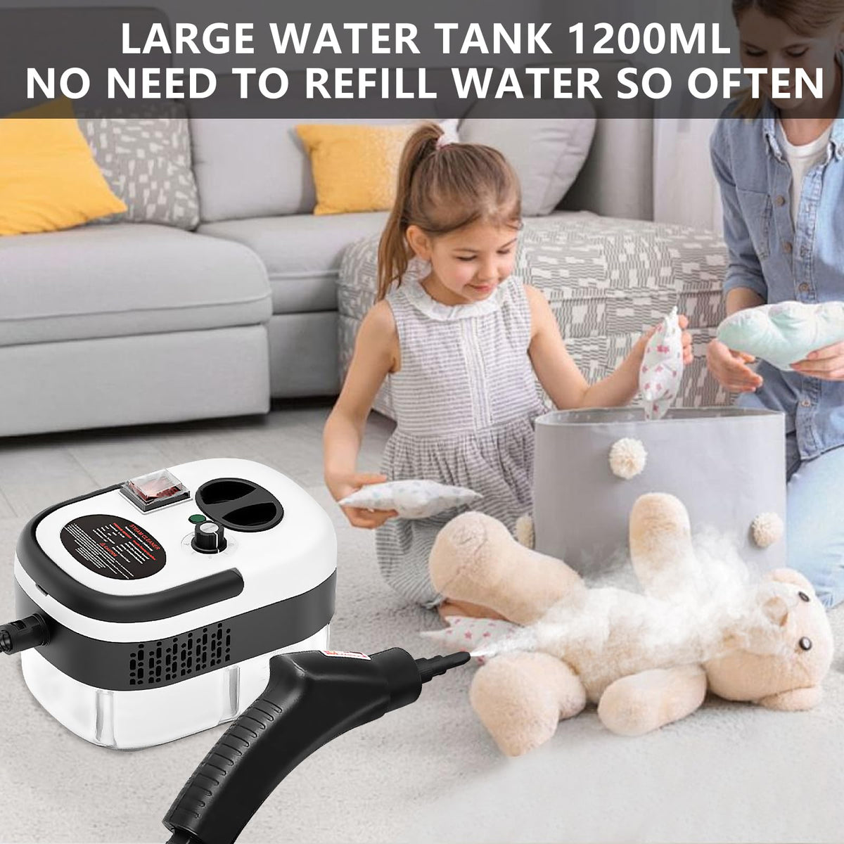 Handheld steam cleaner with cleaning attachments for reaching corners, narrow gaps, and hard-to-reach areas.