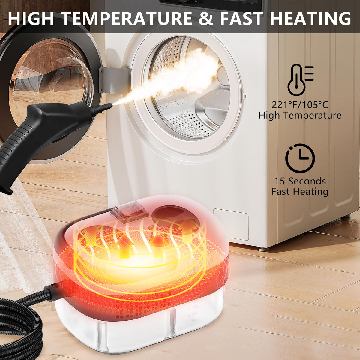 Portable household steam cleaner designed to loosen grease, grime, and stubborn dirt from compatible surfaces.