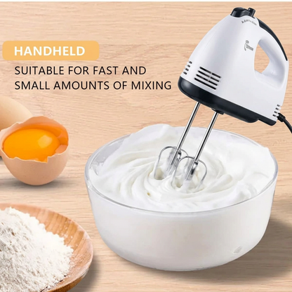 White 1.7L stand mixer featuring a stainless steel bowl, seven speed settings, two whisks, and two dough hooks for versatile kitchen mixing tasks.