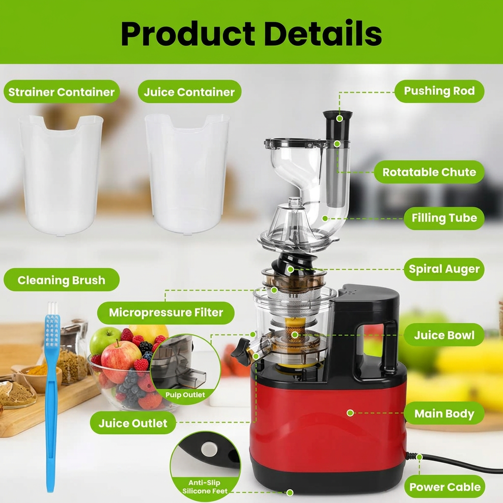 Compact 300W slow masticating juicer with a reverse function and separate juice collection containers for everyday home juicing.