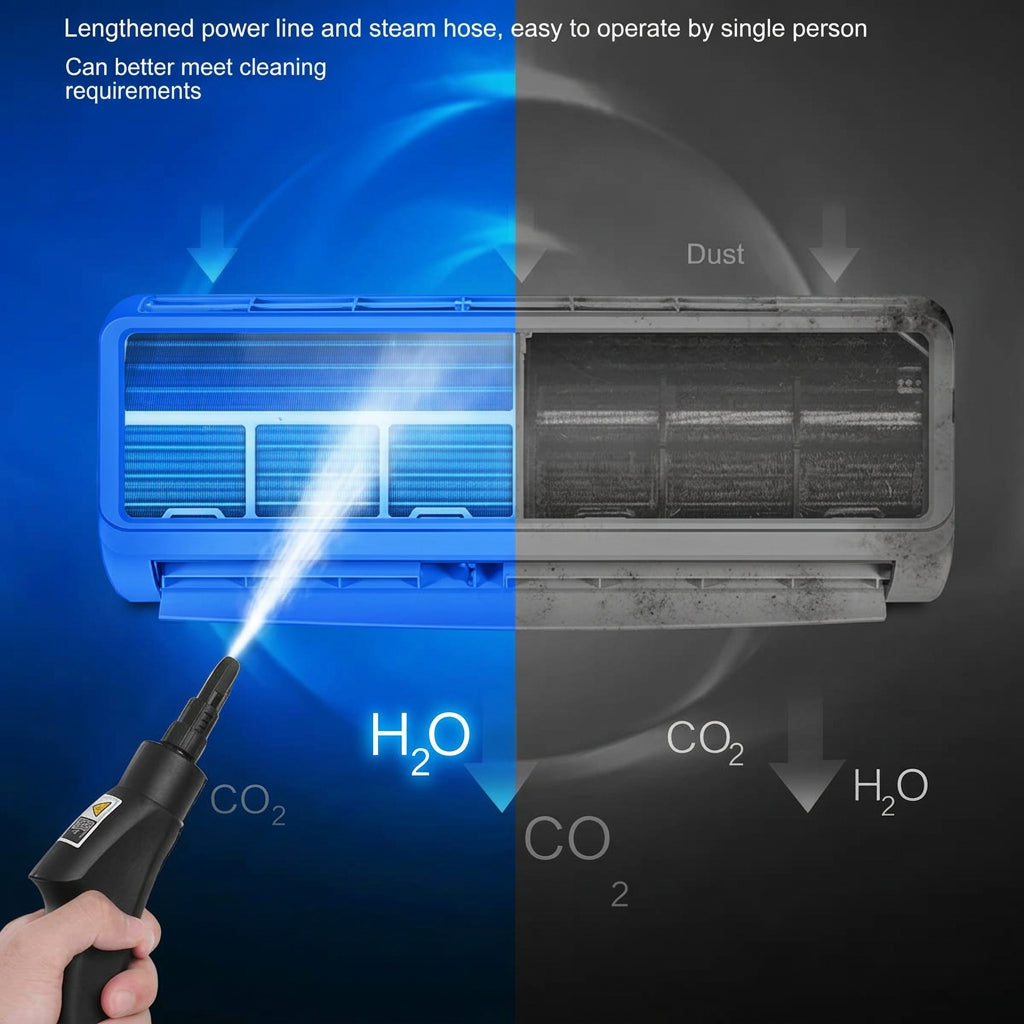 Compact handheld steam cleaner with an easy-to-grip handle for maneuvering around household cleaning areas.
