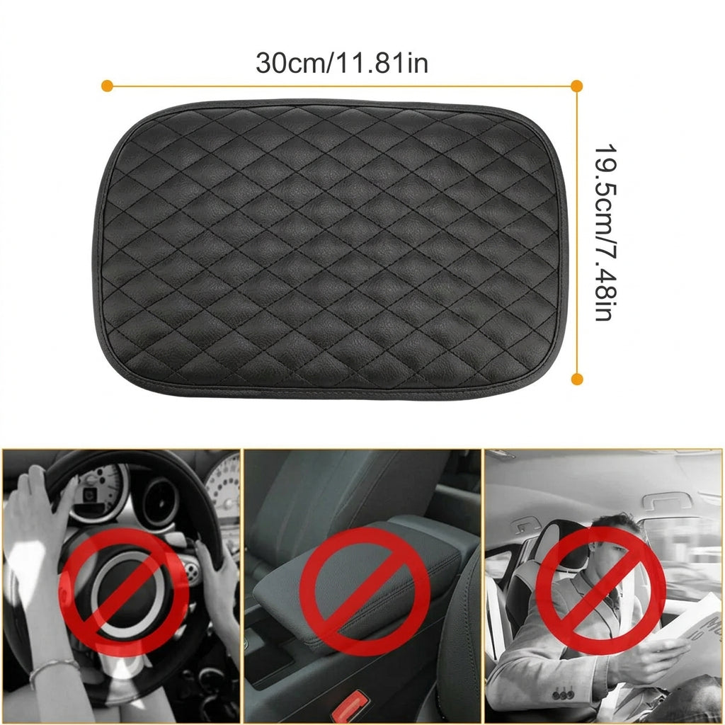 Black car armrest pad cover with an elastic securing band for fitting over a compatible center console armrest.