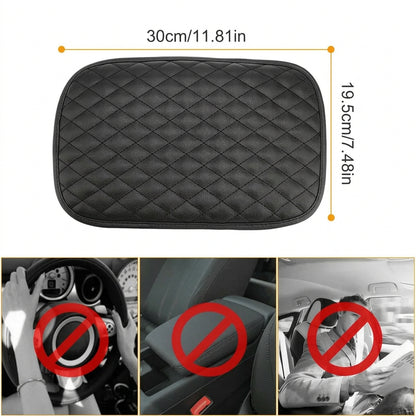 Black car armrest pad cover with an elastic securing band for fitting over a compatible center console armrest.