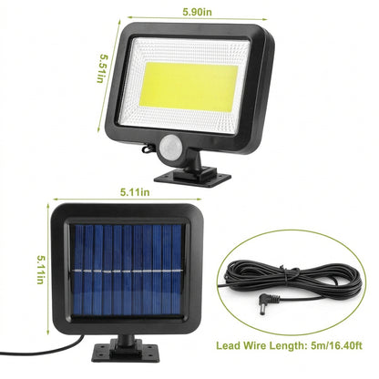 Outdoor solar motion light with a separate solar panel and long connecting cable for flexible installation in sunny locations.
