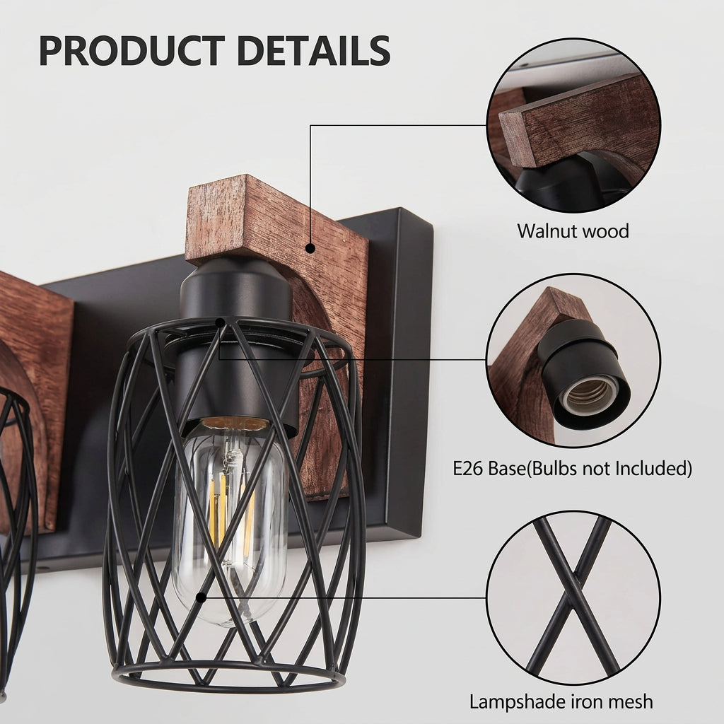 Industrial vintage three-light wall fixture with black metal cages and walnut-tone wood for living room accent lighting.