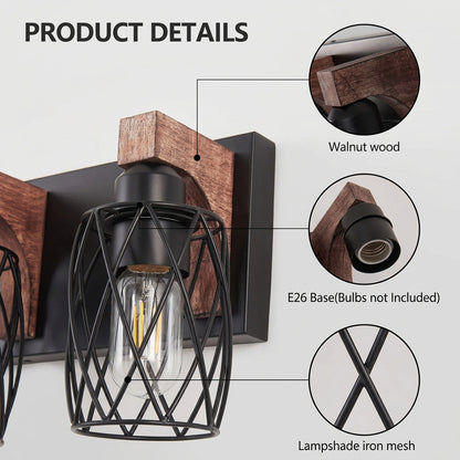 Industrial vintage three-light wall fixture with black metal cages and walnut-tone wood for living room accent lighting.