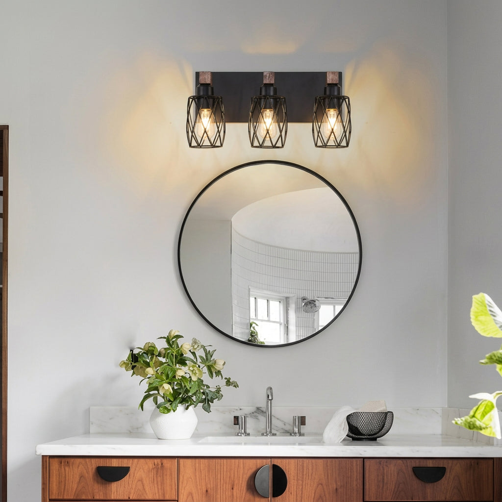Close-up of a black metal cage wall sconce featuring walnut-tone wood accents and an open industrial design.