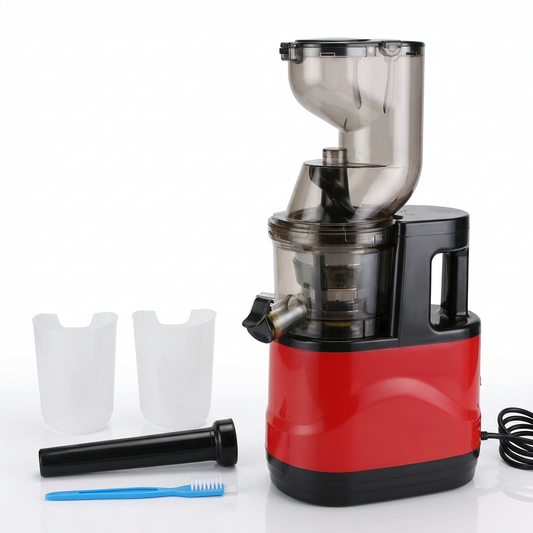 300W red cold press juicer with slow masticating technology, separate juice and pulp containers, and reverse function for convenient homemade fruit and vegetable juice.