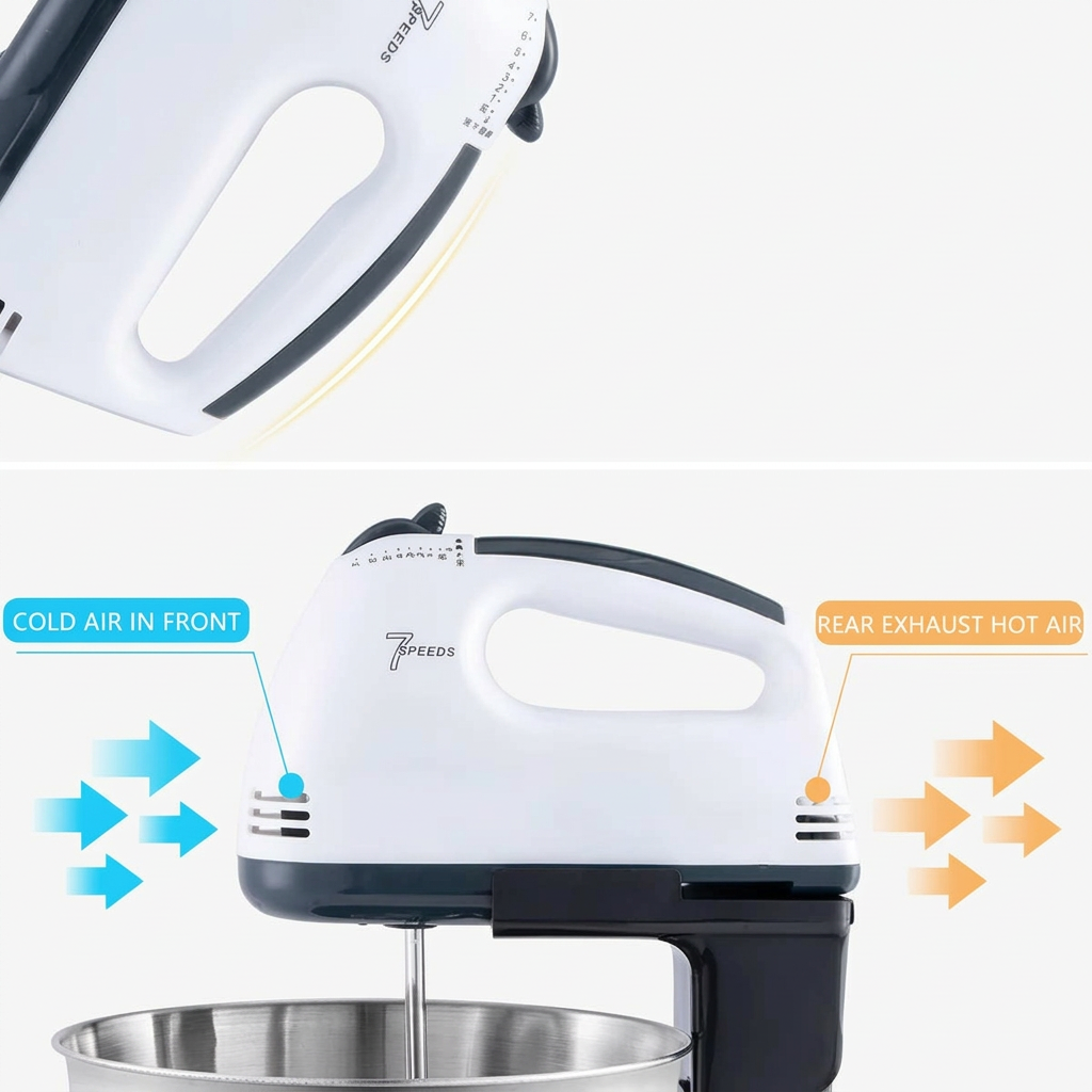 Compact 150W electric kitchen mixer with a 1.7L stainless steel bowl and seven adjustable speeds for convenient everyday baking and food preparation.
