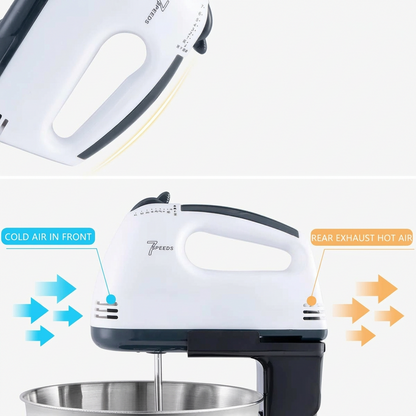 Compact 150W electric kitchen mixer with a 1.7L stainless steel bowl and seven adjustable speeds for convenient everyday baking and food preparation.