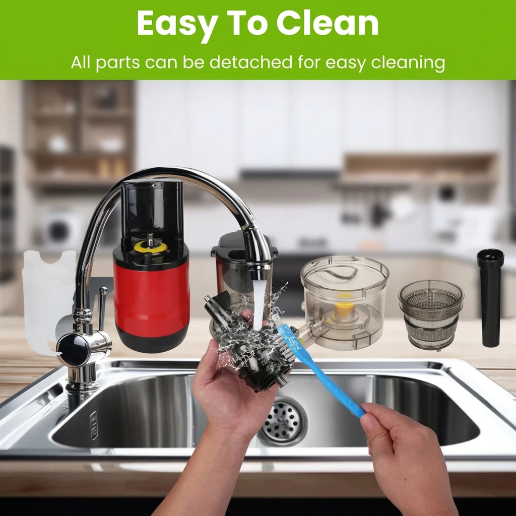 Red 300W cold press fruit and vegetable juicer with a pure copper motor, anti-drip silicone outlet, cleaning brush, and two 600 ml collection containers.