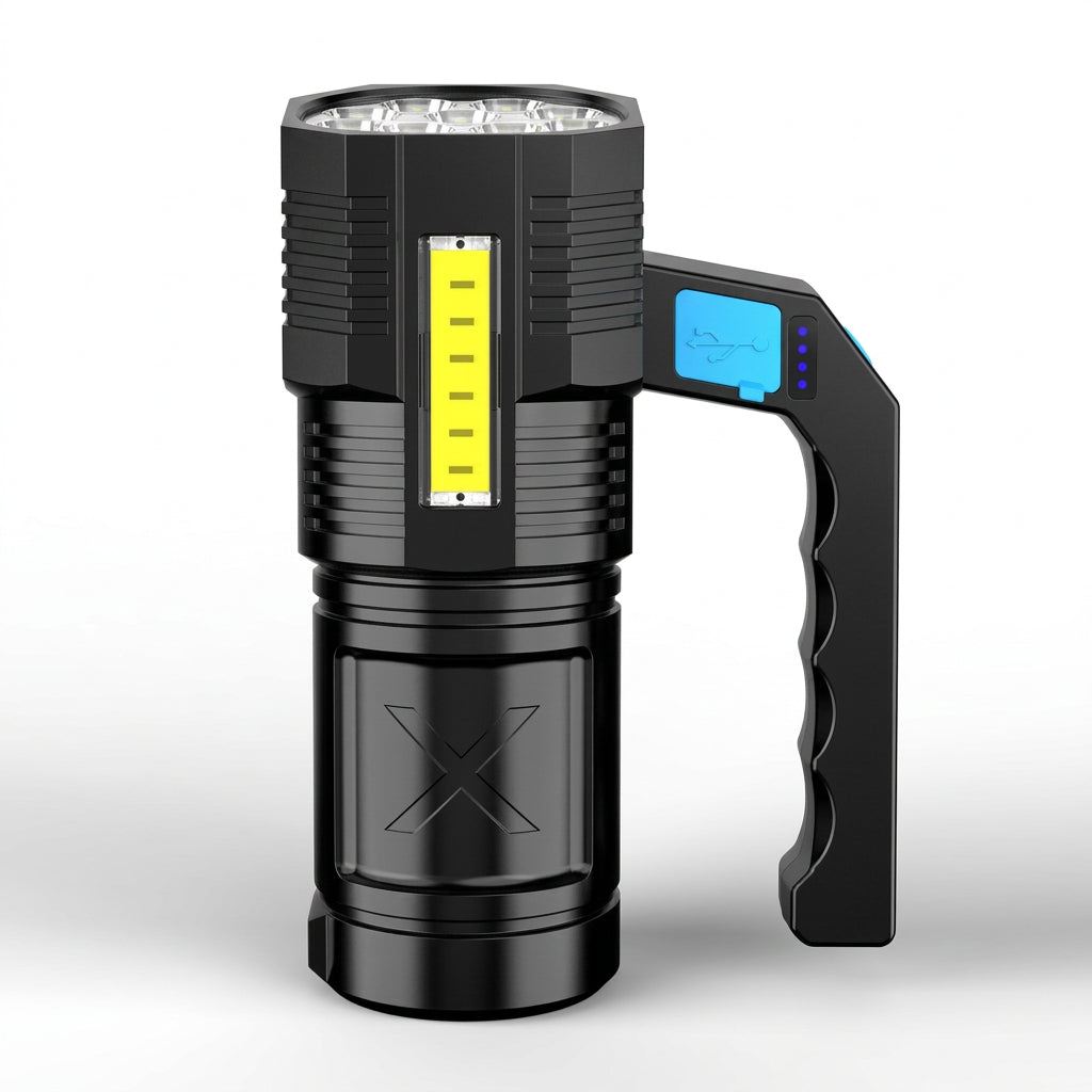 Zelorica rechargeable LED flashlight with four lighting modes, USB charging, a battery-level indicator, and IP44 water resistance.
