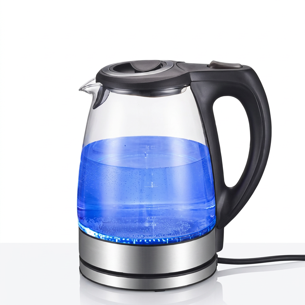 Older woman shopping online for a 1.7L glass electric kettle with a stainless steel filter and wide opening for convenient everyday use at home.