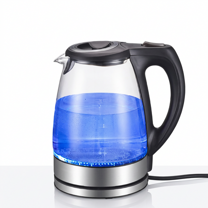 Older woman shopping online for a 1.7L glass electric kettle with a stainless steel filter and wide opening for convenient everyday use at home.