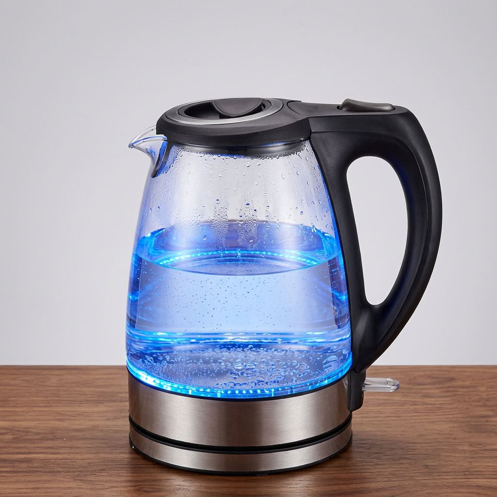Older woman shopping online for a 1.7L glass electric kettle to prepare hot water for tea, coffee, and everyday kitchen needs.
