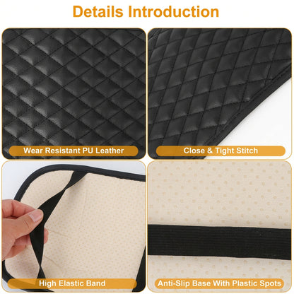 Close-up of a black car armrest pad featuring a smooth PU leather surface and cushioned cotton filling.