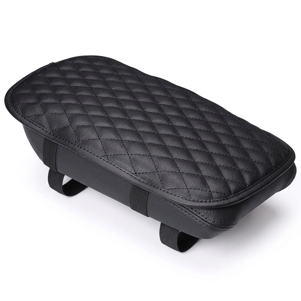 Black car armrest pad cover with soft cotton padding, a PU leather surface, and an anti-slip backing.