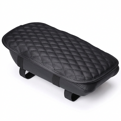 Black car armrest pad cover with soft cotton padding, a PU leather surface, and an anti-slip backing.