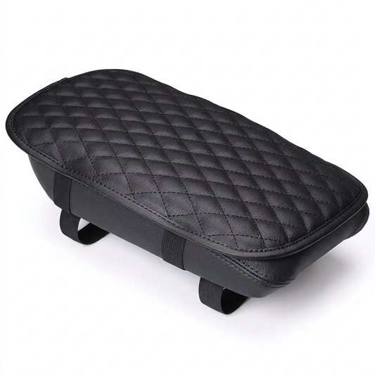 Black car armrest pad cover with soft cotton padding, a PU leather surface, and an anti-slip backing.