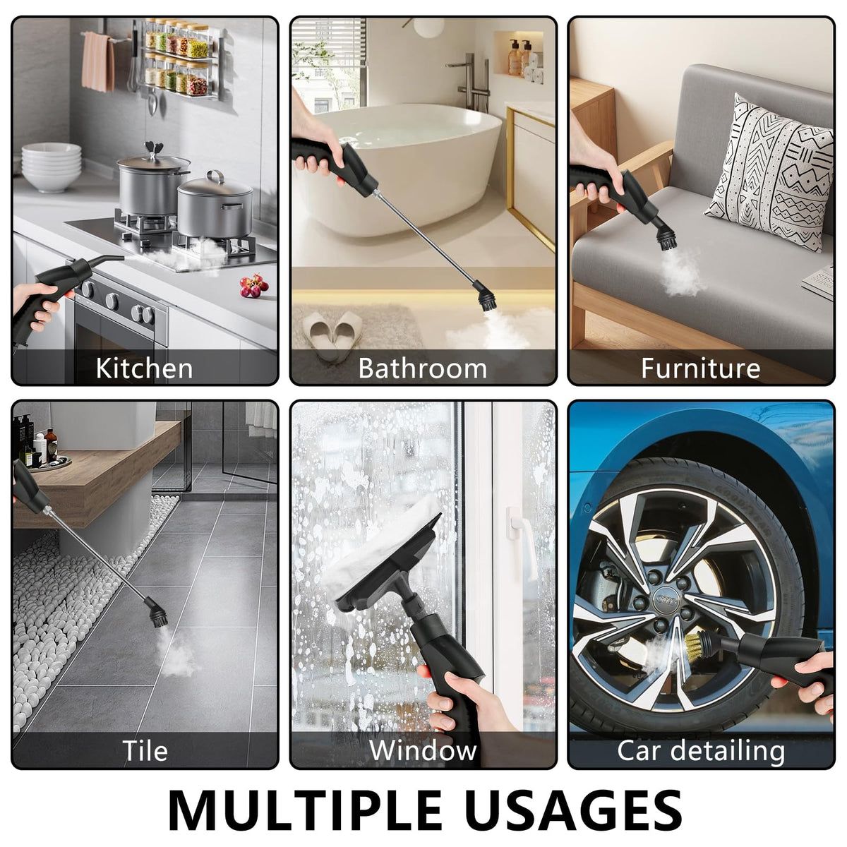 High-temperature steam cleaner for suitable bathroom tiles, grout, and other heat-resistant surfaces.