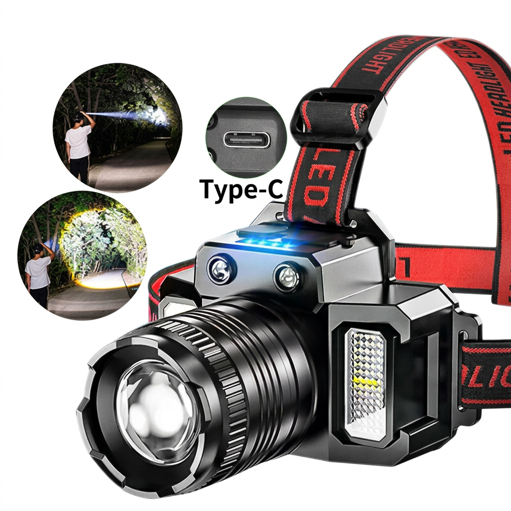 Zelorica rechargeable LED headlamp with motion sensor, five lighting modes, adjustable focus, and USB Type-C charging.