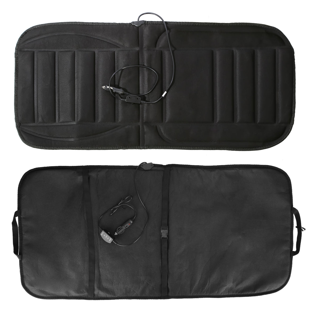 Lightweight black heated seat cushion with a 45W power rating and two temperature settings for vehicle use.