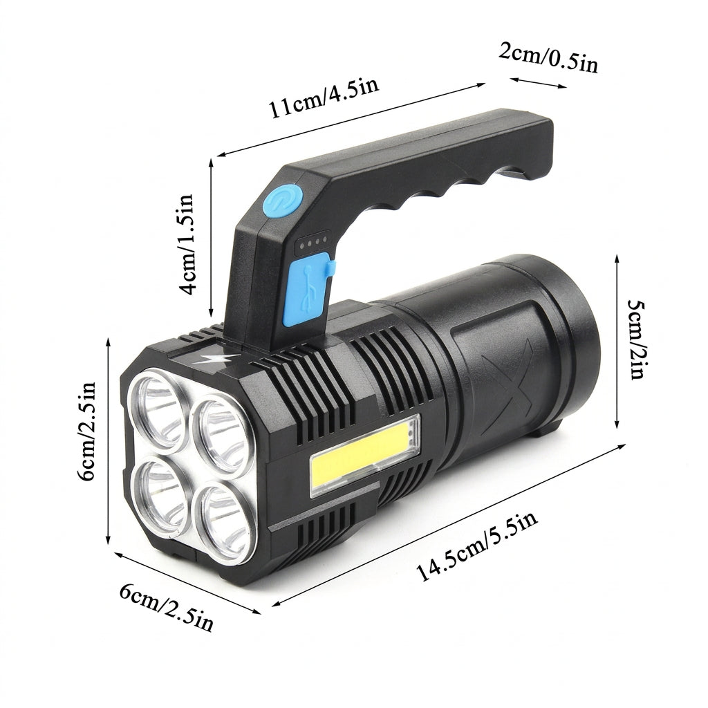 Black USB rechargeable LED flashlight with a built-in 1200mAh battery and battery-level indicator.