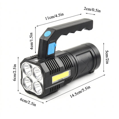 Black USB rechargeable LED flashlight with a built-in 1200mAh battery and battery-level indicator.