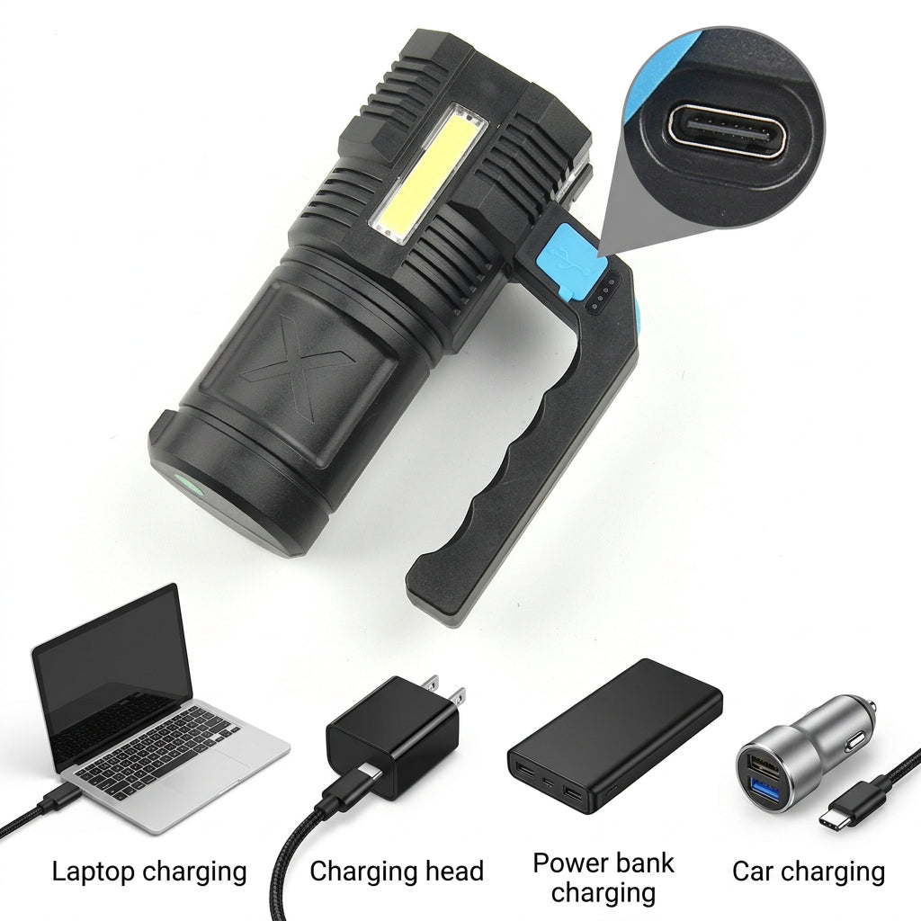 Portable LED flashlight featuring high, low, strobe, and side-light modes for different lighting needs.