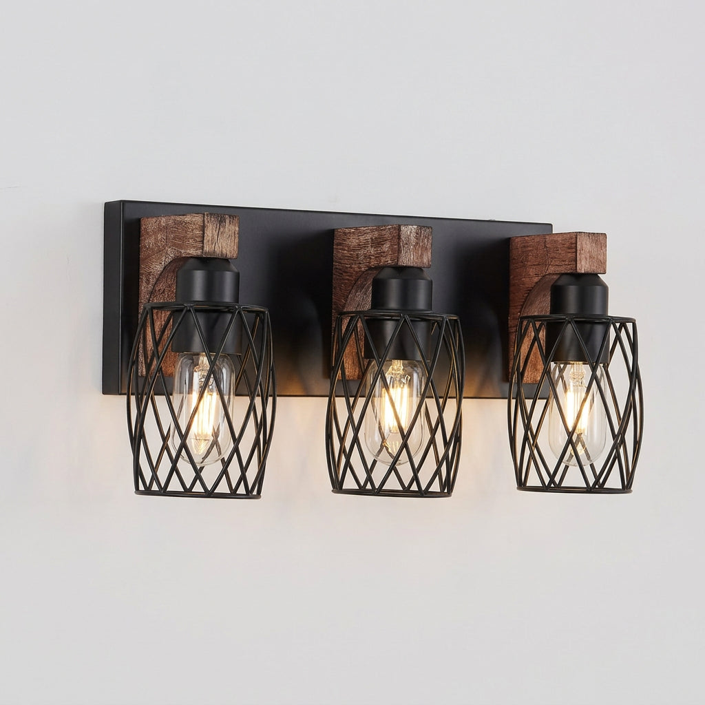 Black metal and walnut-tone wood wall light with an open cage design for industrial-style interior decor.