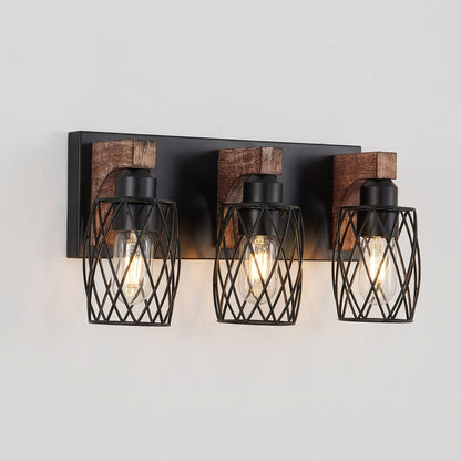 Black metal and walnut-tone wood wall light with an open cage design for industrial-style interior decor.