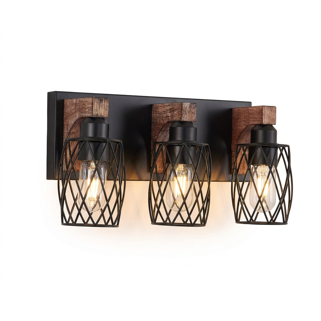 18-inch industrial wall sconce with three lights, a black metal cage design, and walnut-tone wood accents.