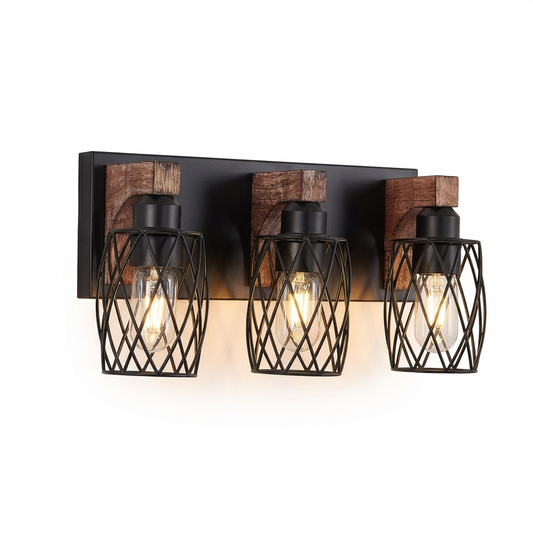 18-inch industrial wall sconce with three lights, a black metal cage design, and walnut-tone wood accents.